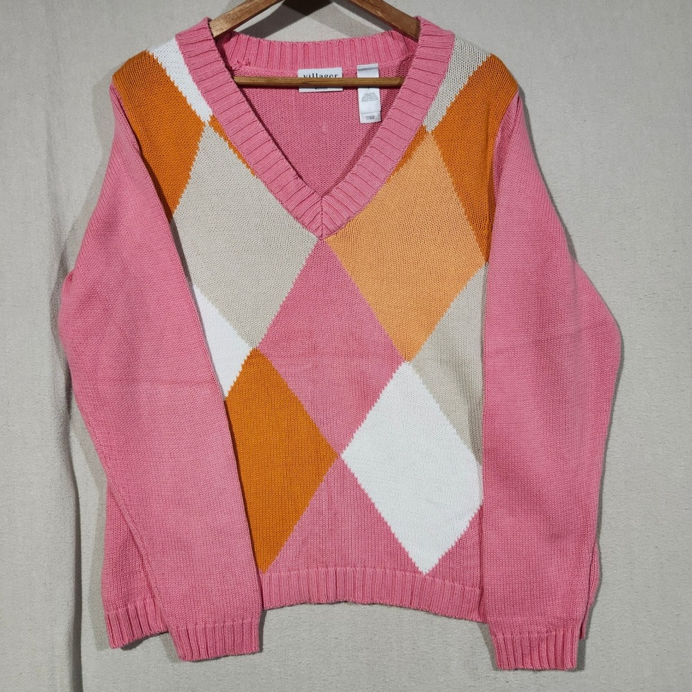 Villager Liz Claiborne Pink Argyle V-Neck Cotton Sweater Women Size 2 Large